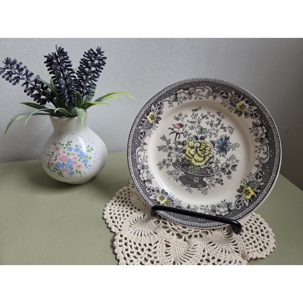 Vintage Japan Floral Plate Black Yellow Blue Transferware 6"